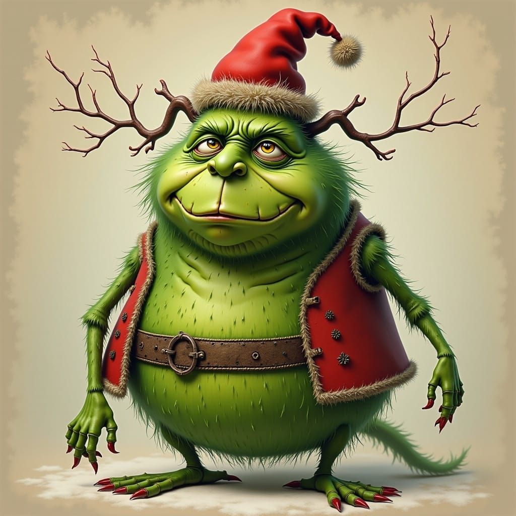 Grouchy Green Creature in Santa Suit
