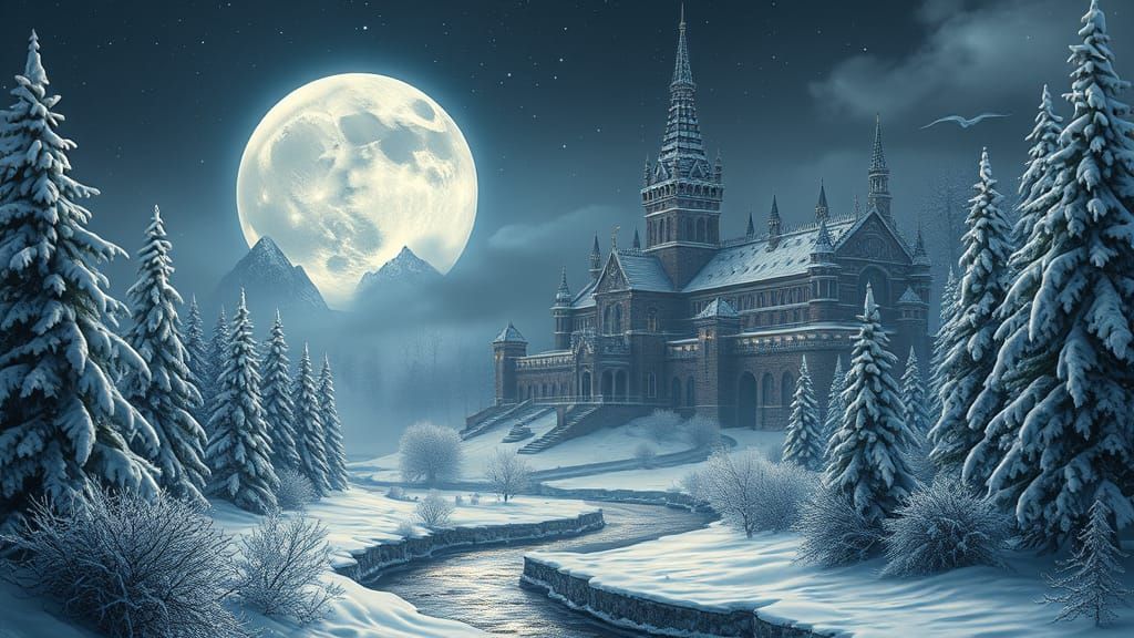 Majestic Snowy Fortress Under Luminescent Moon