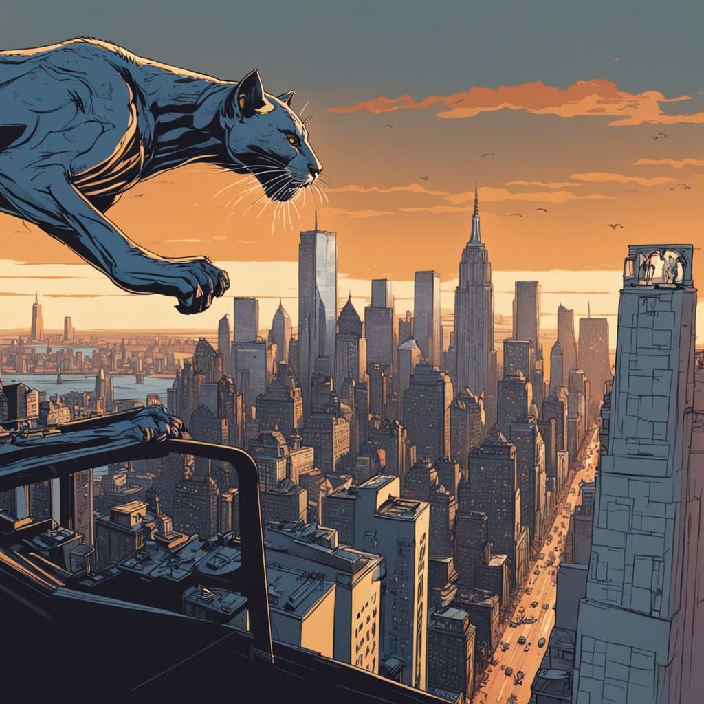 Puma Leaping from Manhattan Skyscraper in Futuristic Illustr...