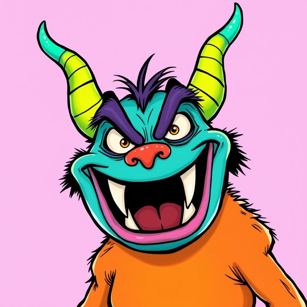Vibrant Cartoon Monster with Turquoise Horns and Fangs