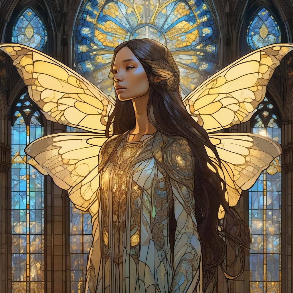 Moth Woman in Gothic Cathedral, Alphonse Mucha Style