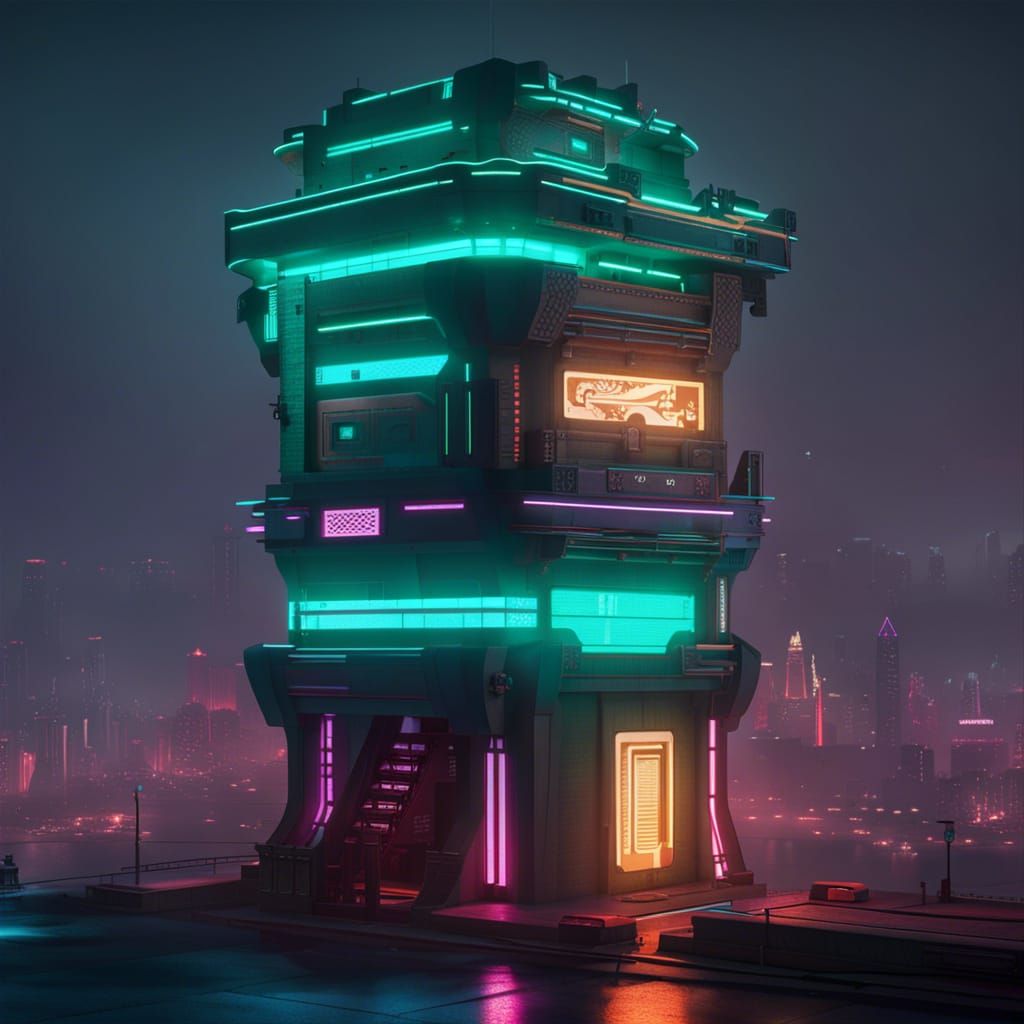 Jade Wizard Tower in Cyberpunk Neon Cityscape