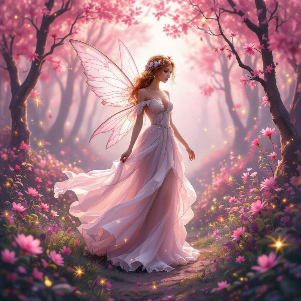 Ethereal Fairy in Pink Forest with Fireflies