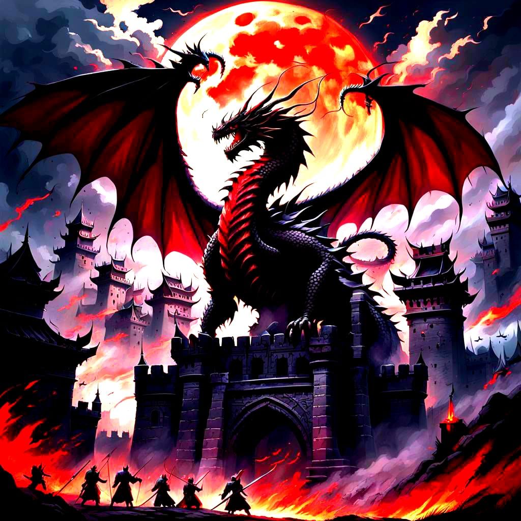 Dragon with Black Wings Guarding Castle Gate