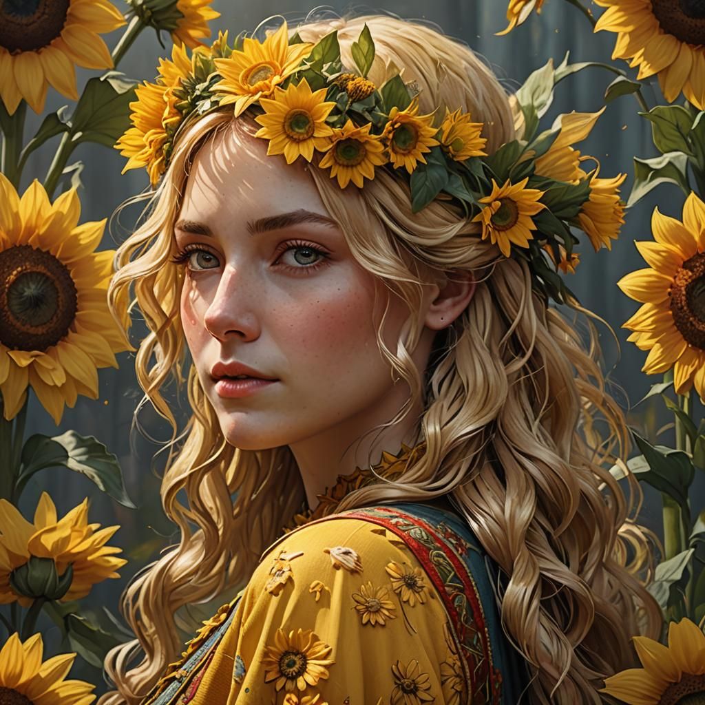 Woman with Sunflowers, Art Nouveau Style