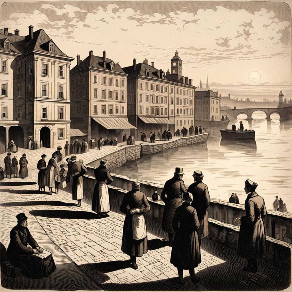 Cholera Epidemic Cityscape: 19th Century Etching