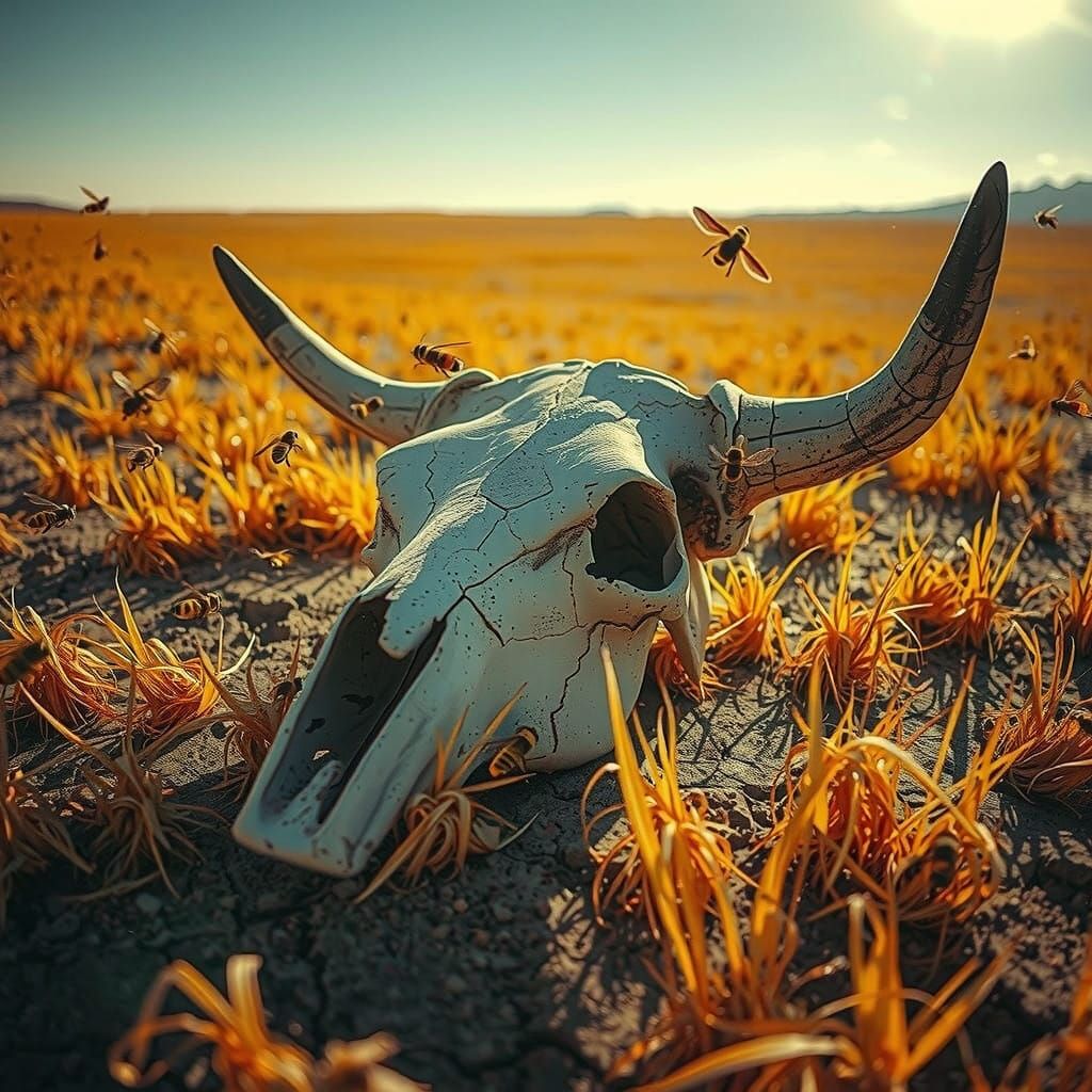 Bleached Cow Skull Amidst Desert Landscape
