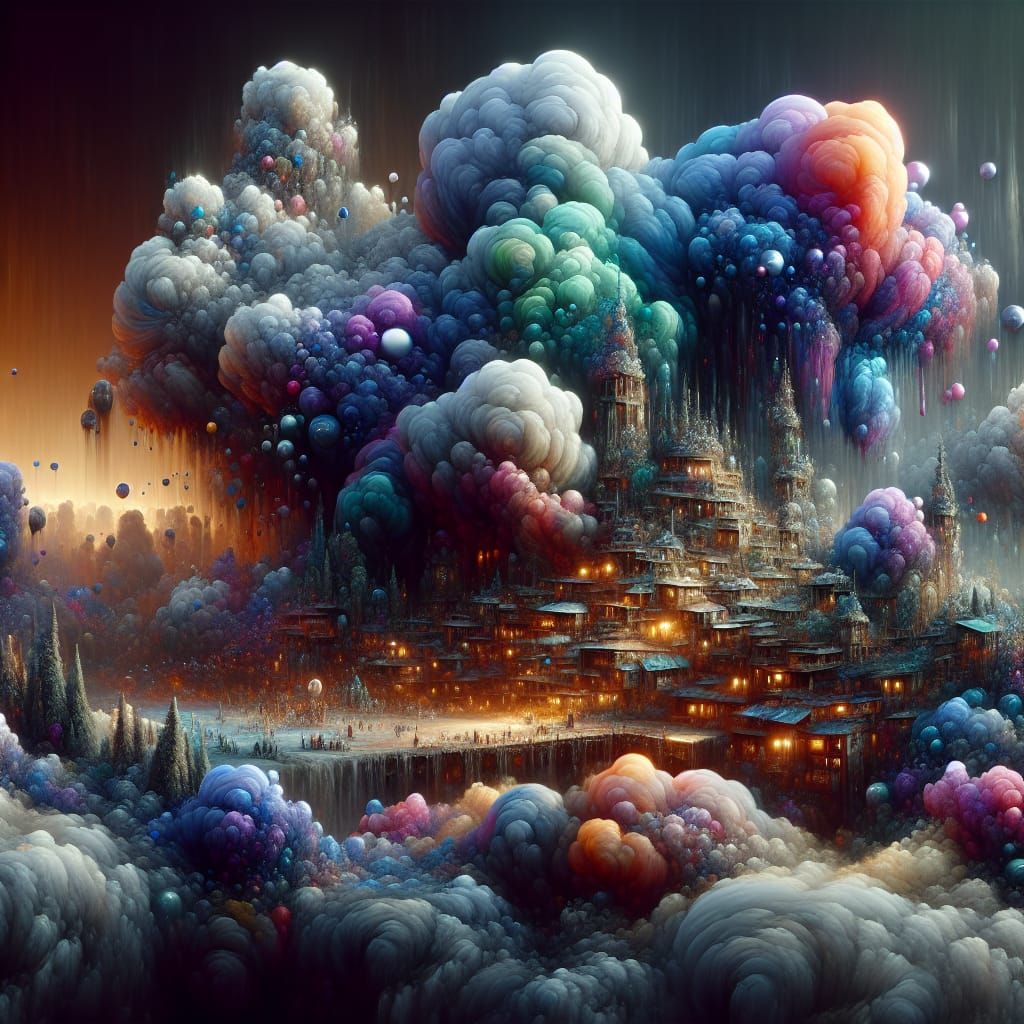 Cloud Village with Iridescent Raindrop People