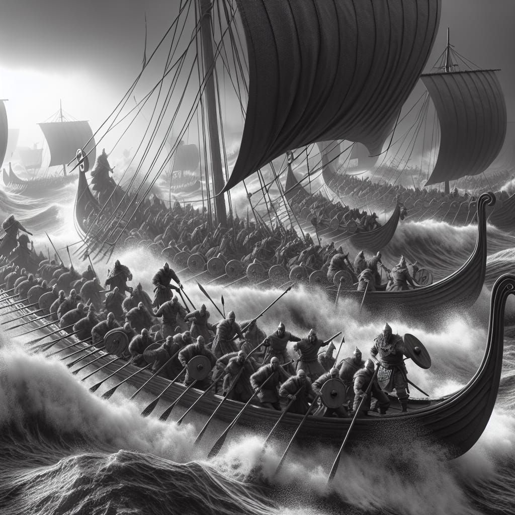 Viking long boats, full of warriors, battle the rough seas, ...