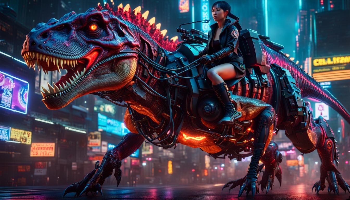 Cyberpunk Girl Rides a Cyborg T-Rex