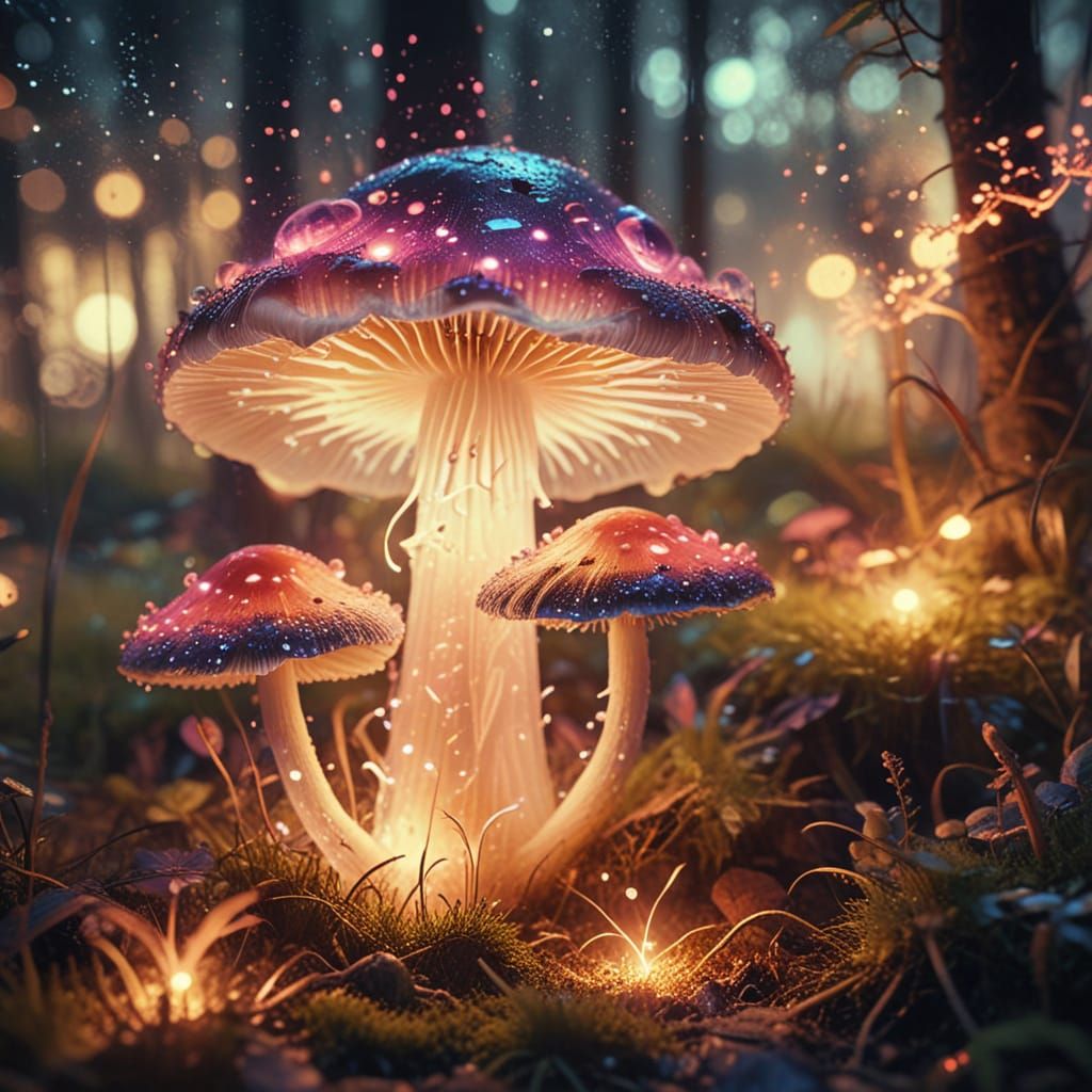 Surreal Bioluminescent Mushroom in Neon Hues, Magical Forest...