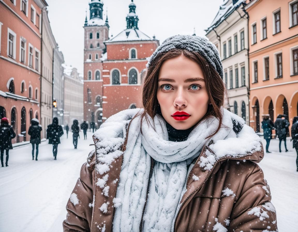 Krakow in Poland in heavy snow and social media influencer females pouting in front of the camera