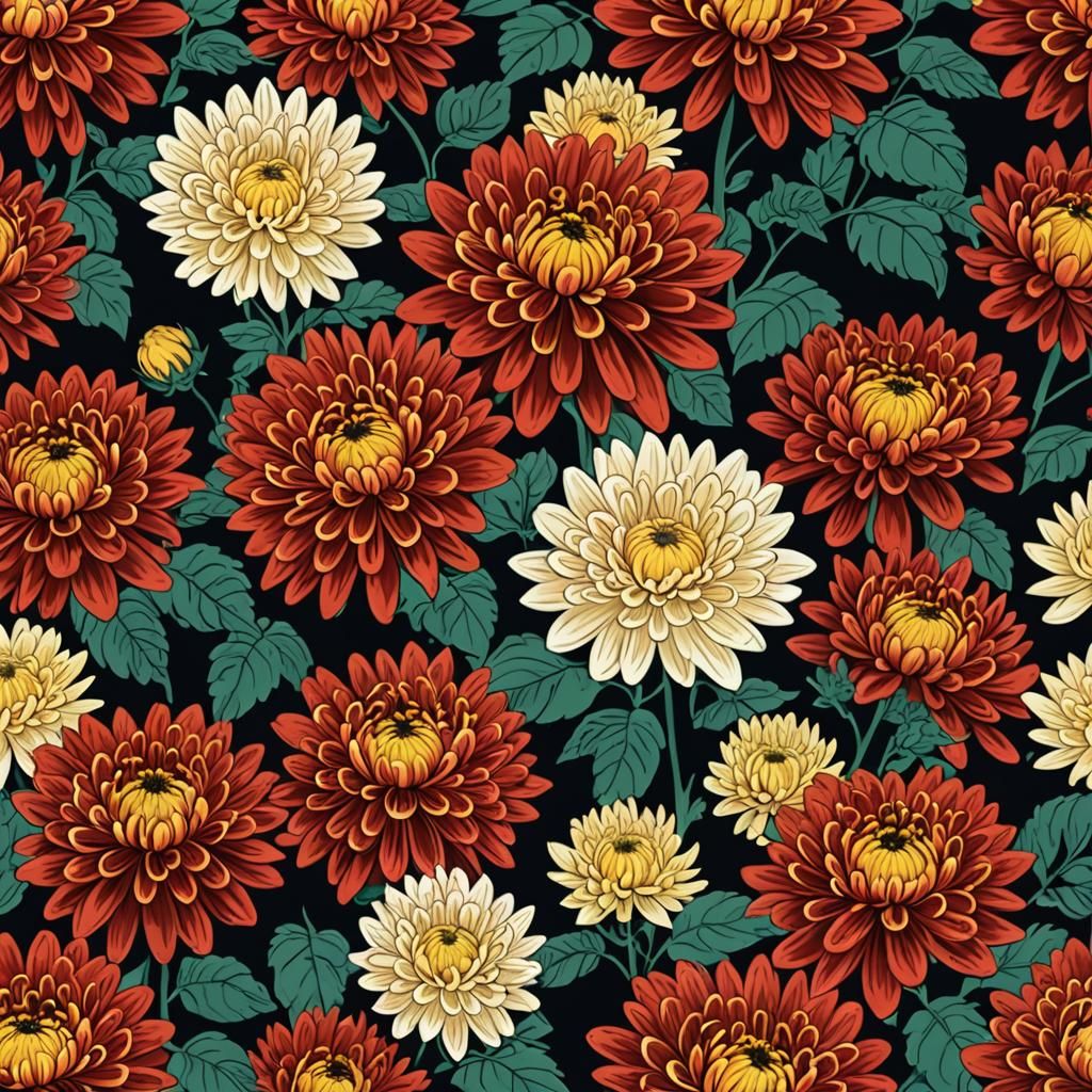 Geisha with Red Chrysanthemums: Hyperdetailed Portrait