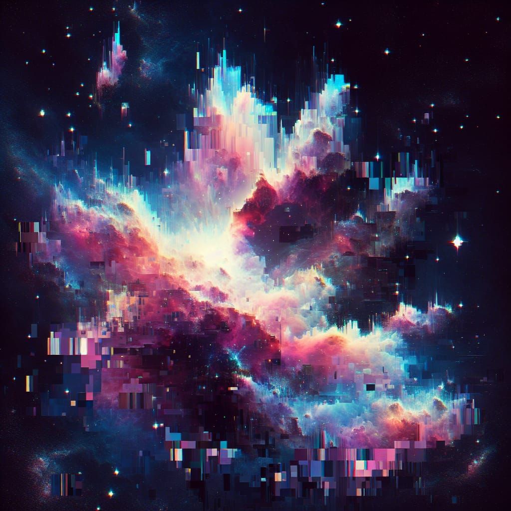 Glitch Art Cosmic Nebula with Distorted Colors