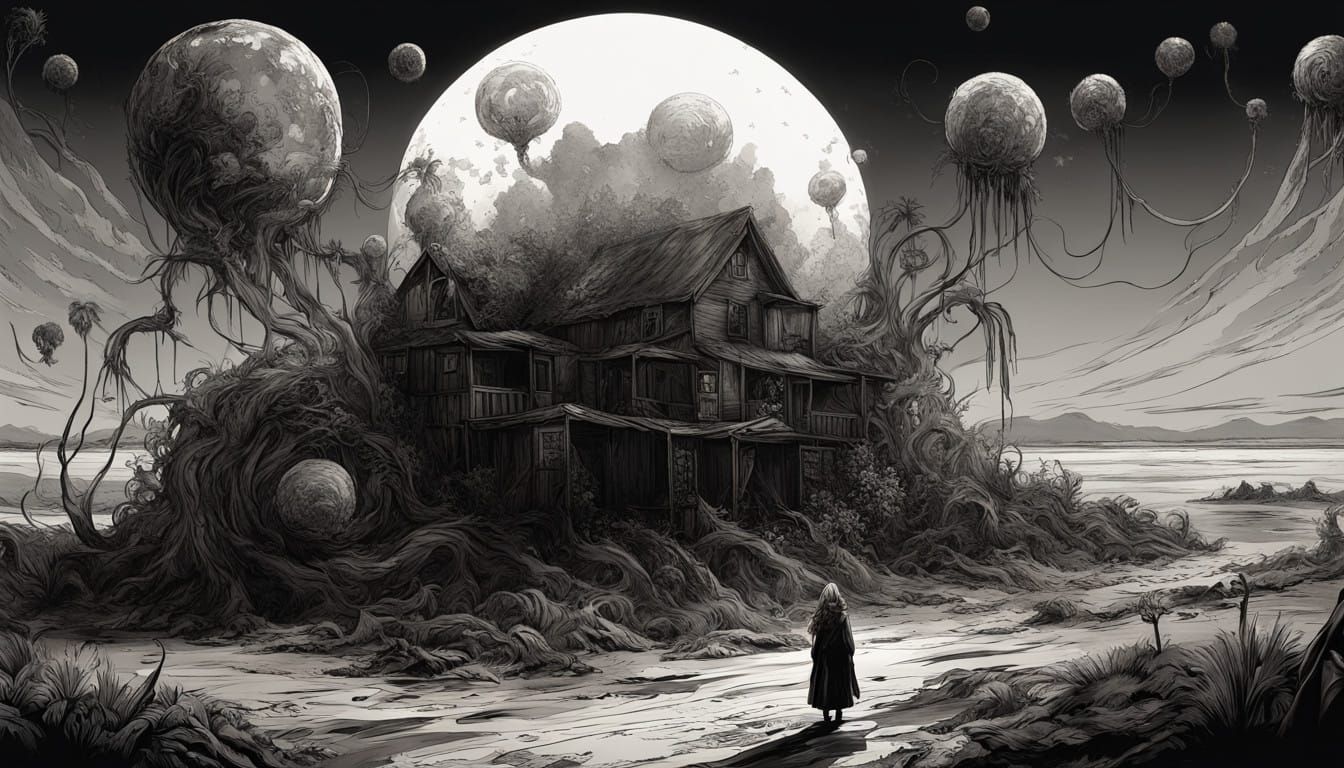 Whimsical Woman in Dreamlike Nocturnal Landscape