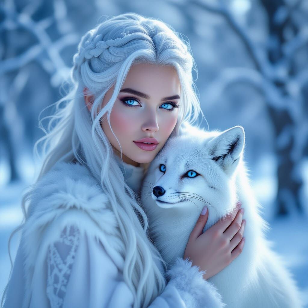 Majestic Ice Goddess with Snow Fox in Winter Forest