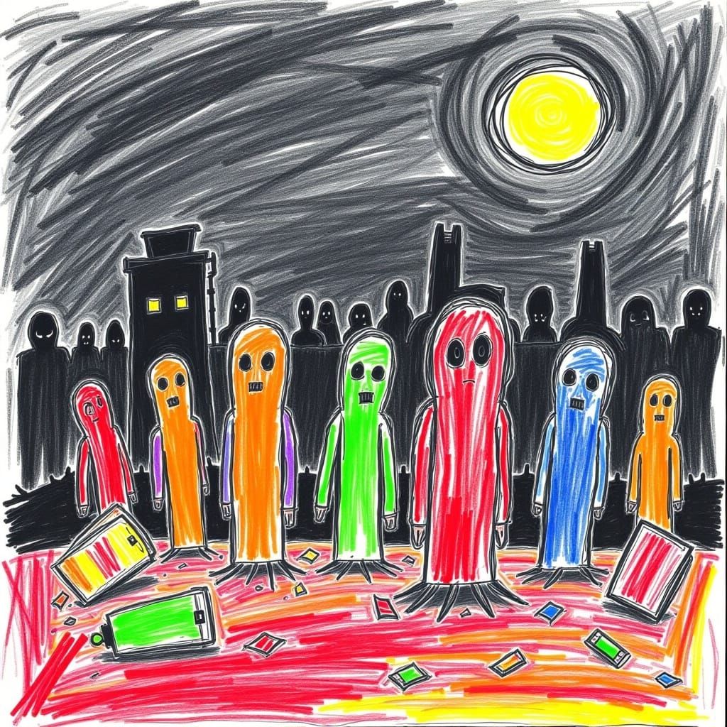 Creepy Crayon Zombies Under Stormy Sky