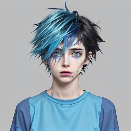 Genderfluid Short, messy, with a streak of vibrant blue dyed at the front.