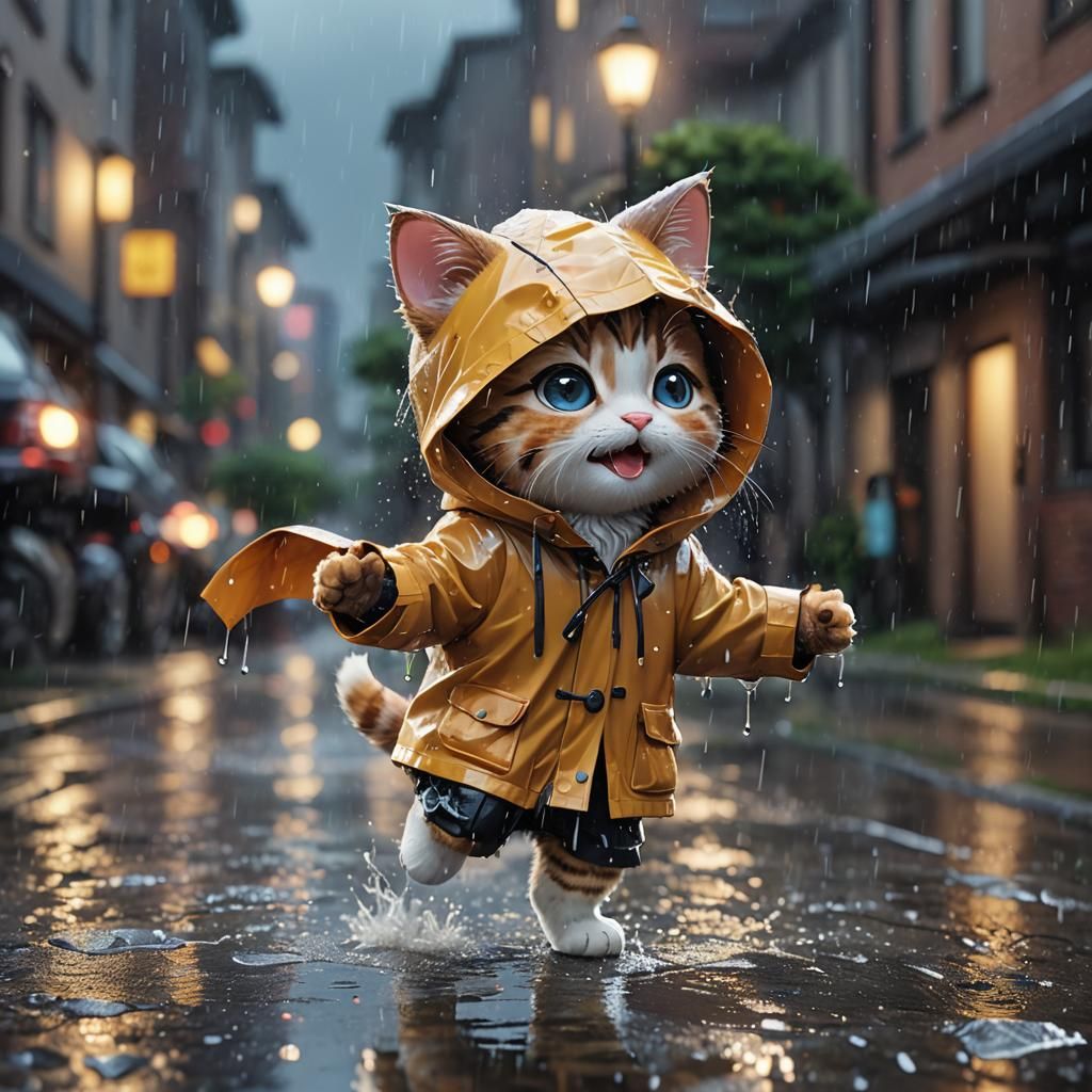 Chibi Cat Laughing in Rain: 3D Anime Art