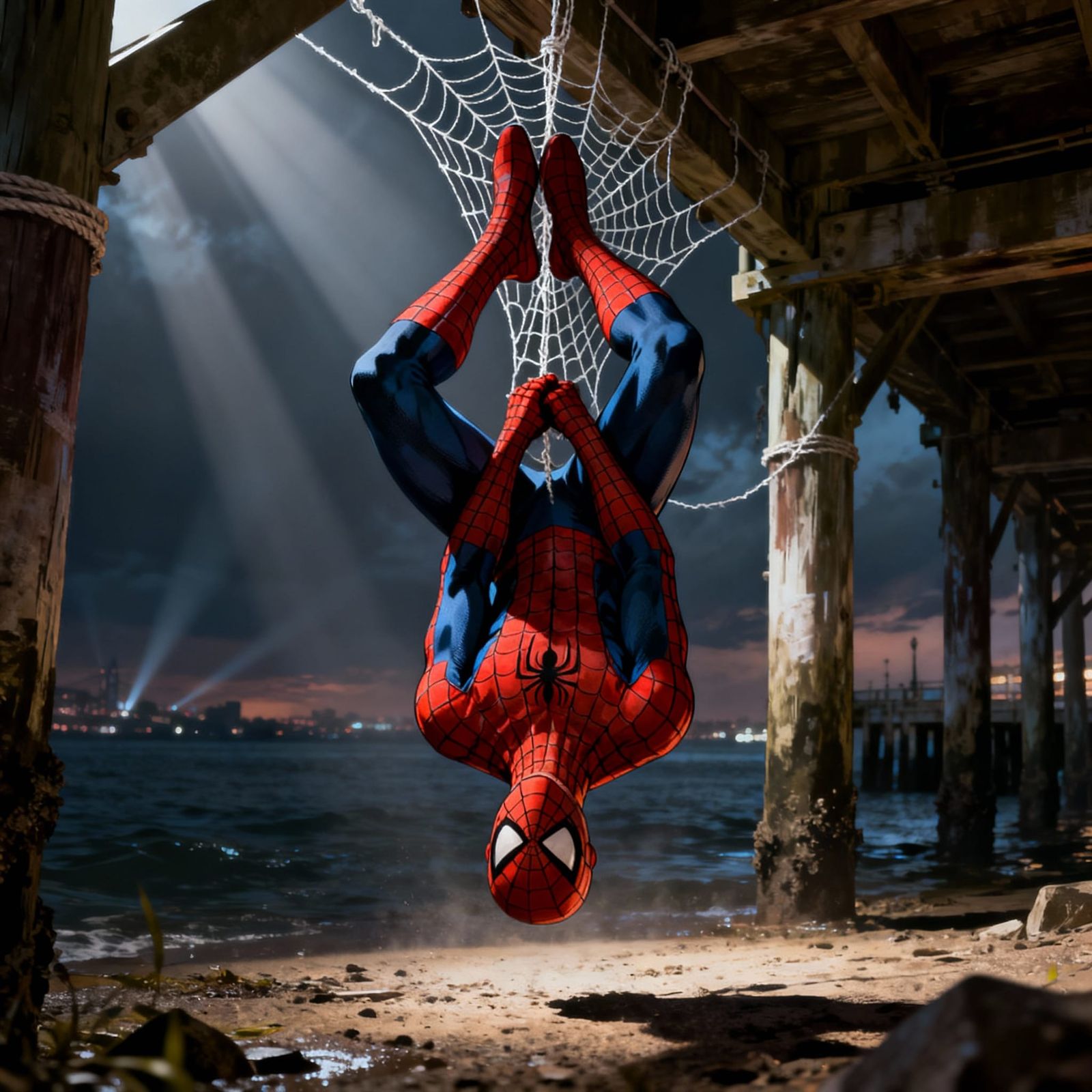 Spiderman Hangs From Webbing on Pier in Hyperrealistic Cinem...
