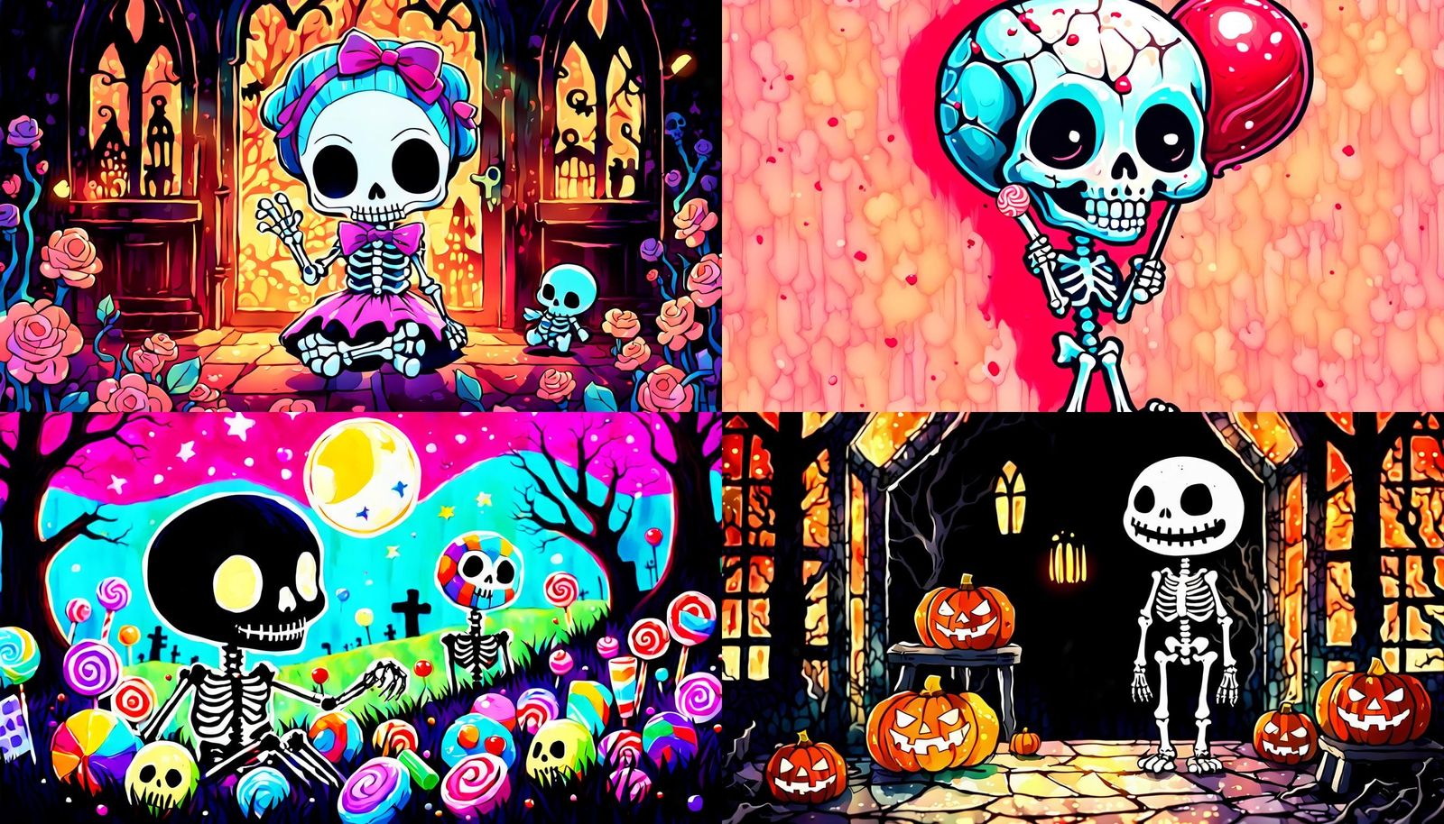 Kawaii Chibi Skeleton in Horror Acrylic Style