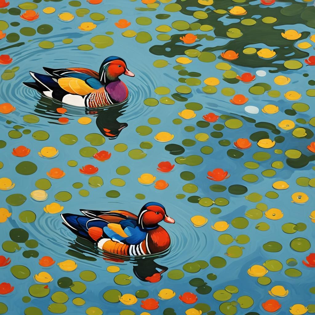 Mandarin Ducks in Pond: Abstract Art with Reflections