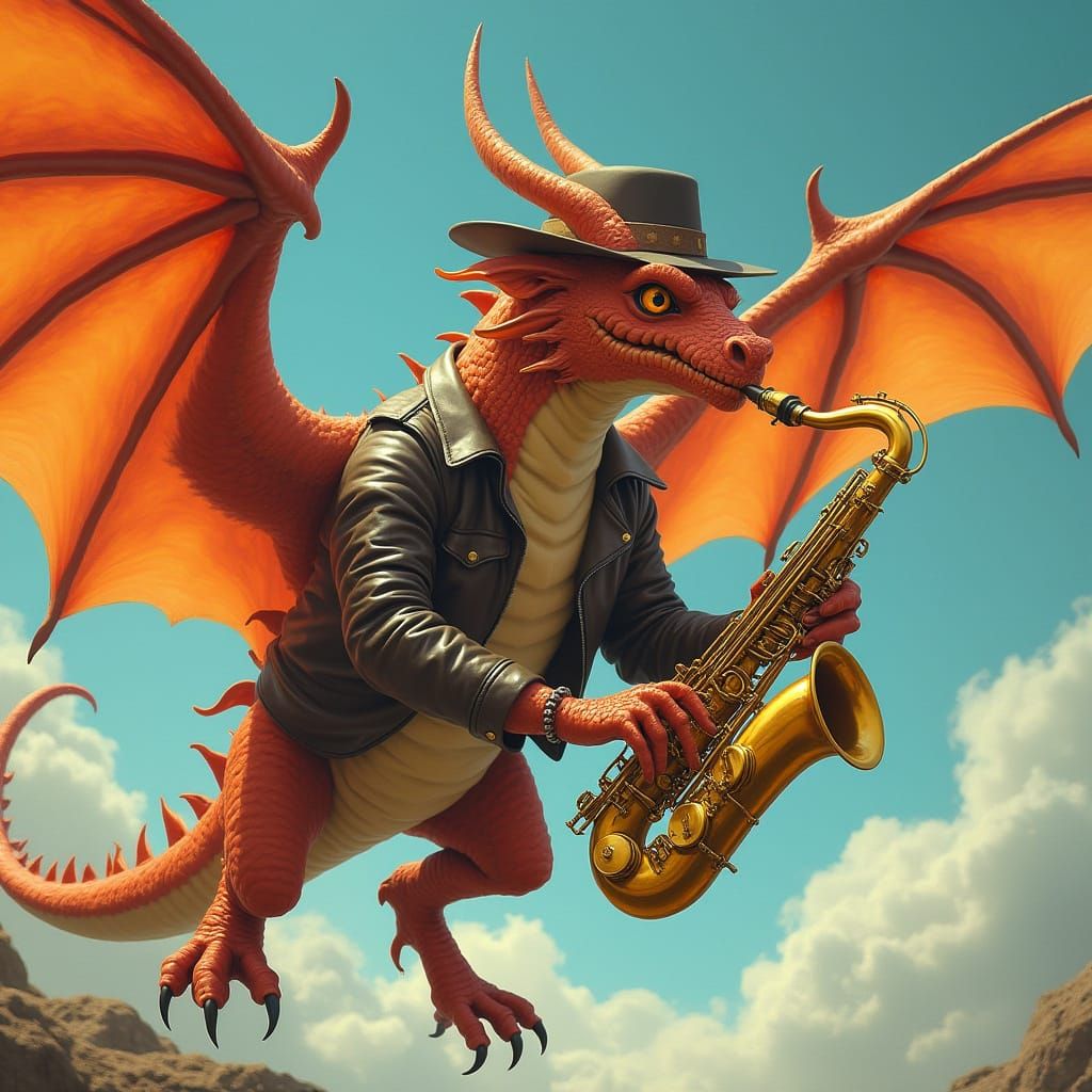 Dragon Saxophonist in Retro-Futuristic Style