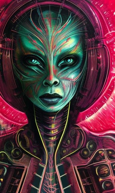 Vivid Neon Alien Concept Art in Inkpunk Style
