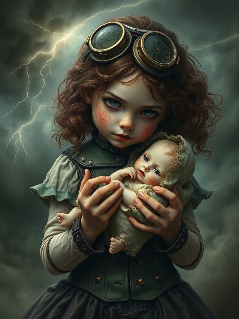 Steampunk Child with Antique Doll in Stormy Atmosphere