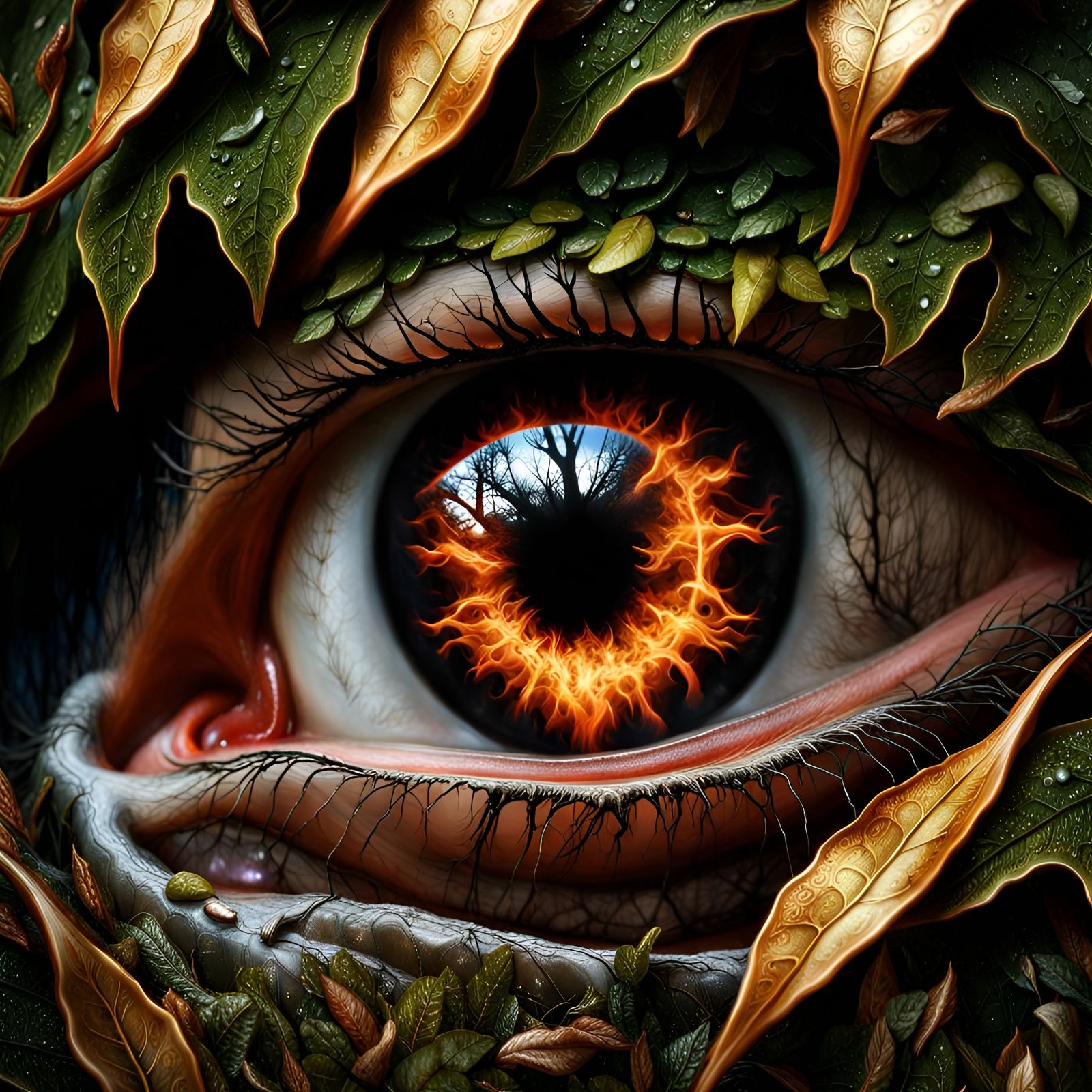 Crying Eye Reflecting Forest Fire in Double Exposure