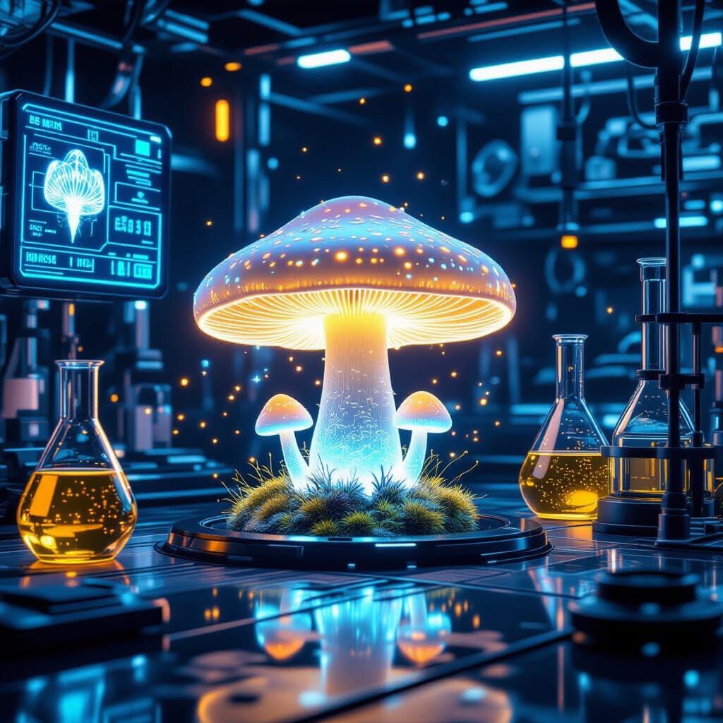 Bioluminescent Mushroom in Futuristic Lab: Digital Art