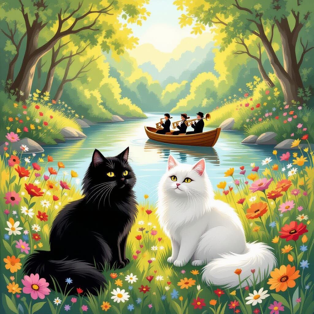 Cats in a Wildflower Field with River Musicians
