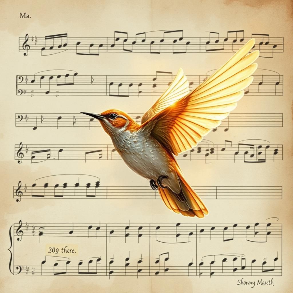 Songbird in Flight Over Musical Parchment