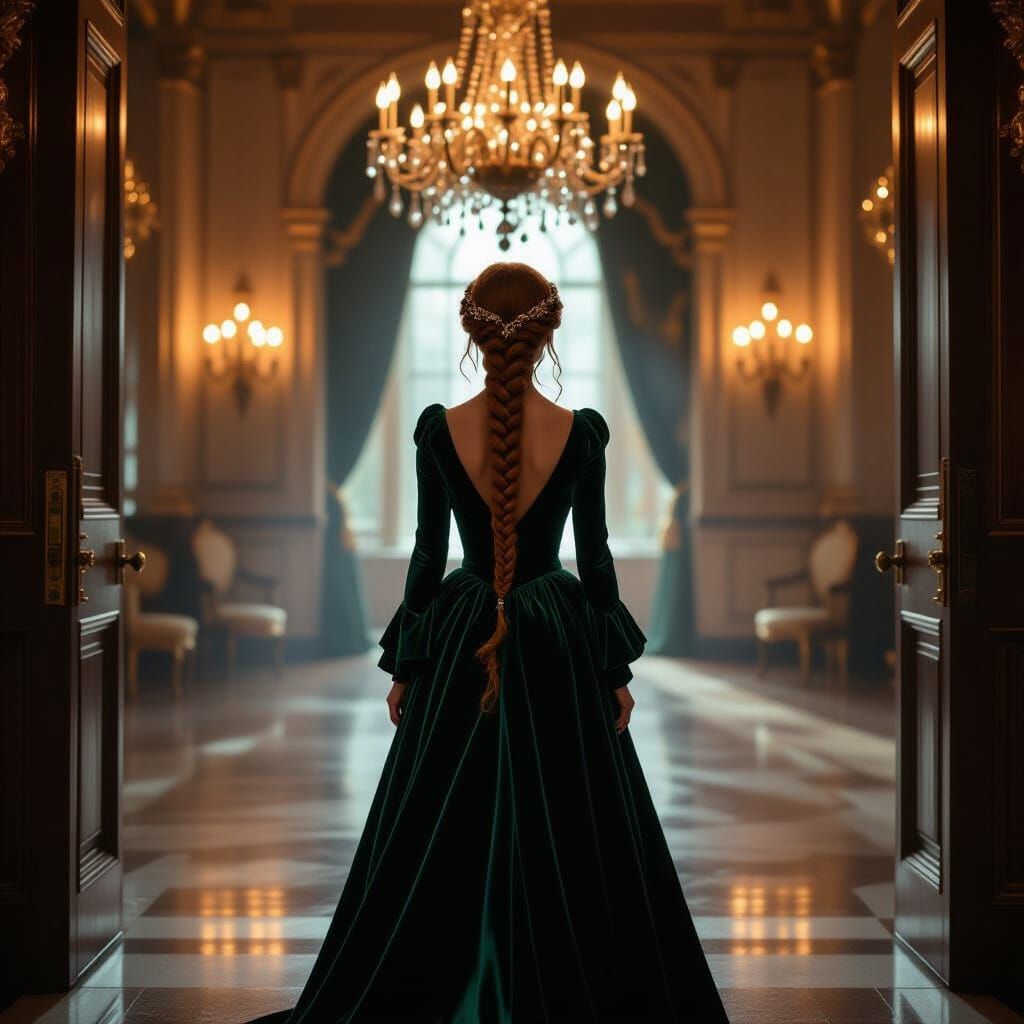 Elegant Witch in Emerald Gown at Ballroom Entrance