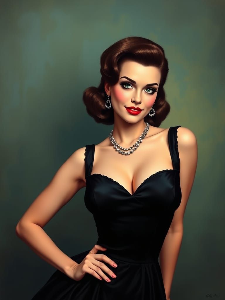 Voluptuous Brunette in Black Dress: 1950s Pin-Up