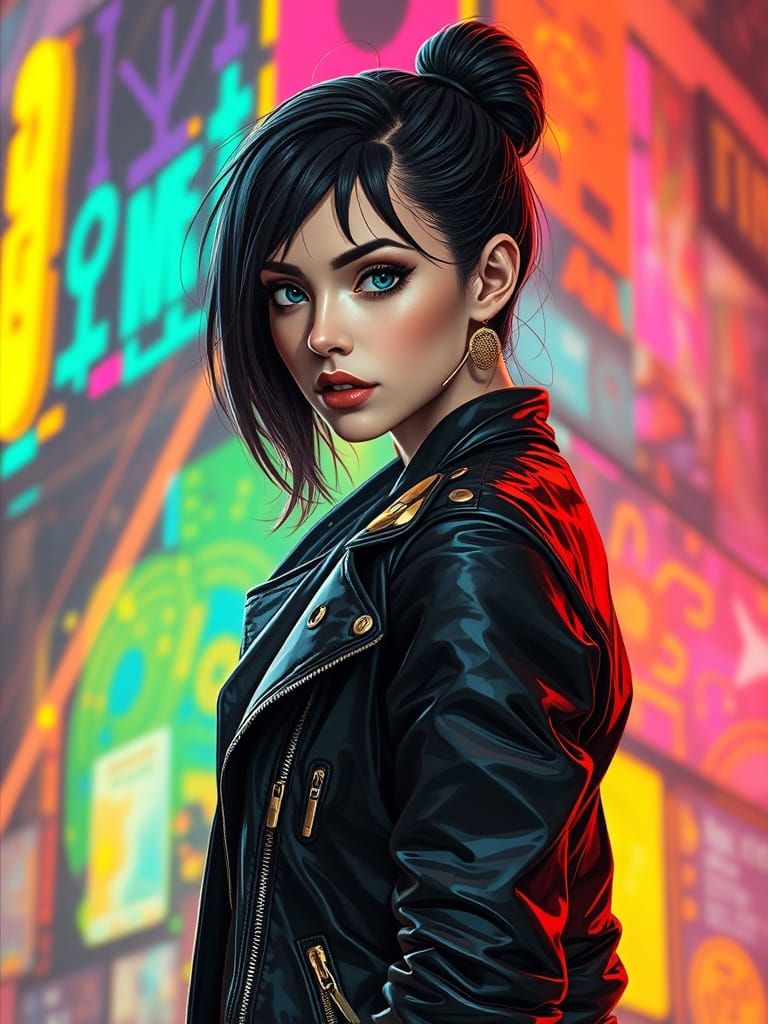 Cyberpunk Girl in Black and Gold Attire