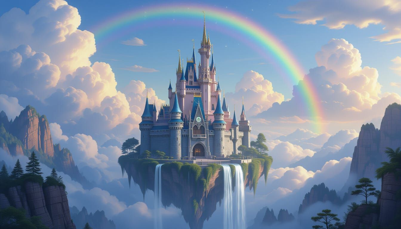 Majestic Castle on Floating Island with Rainbow