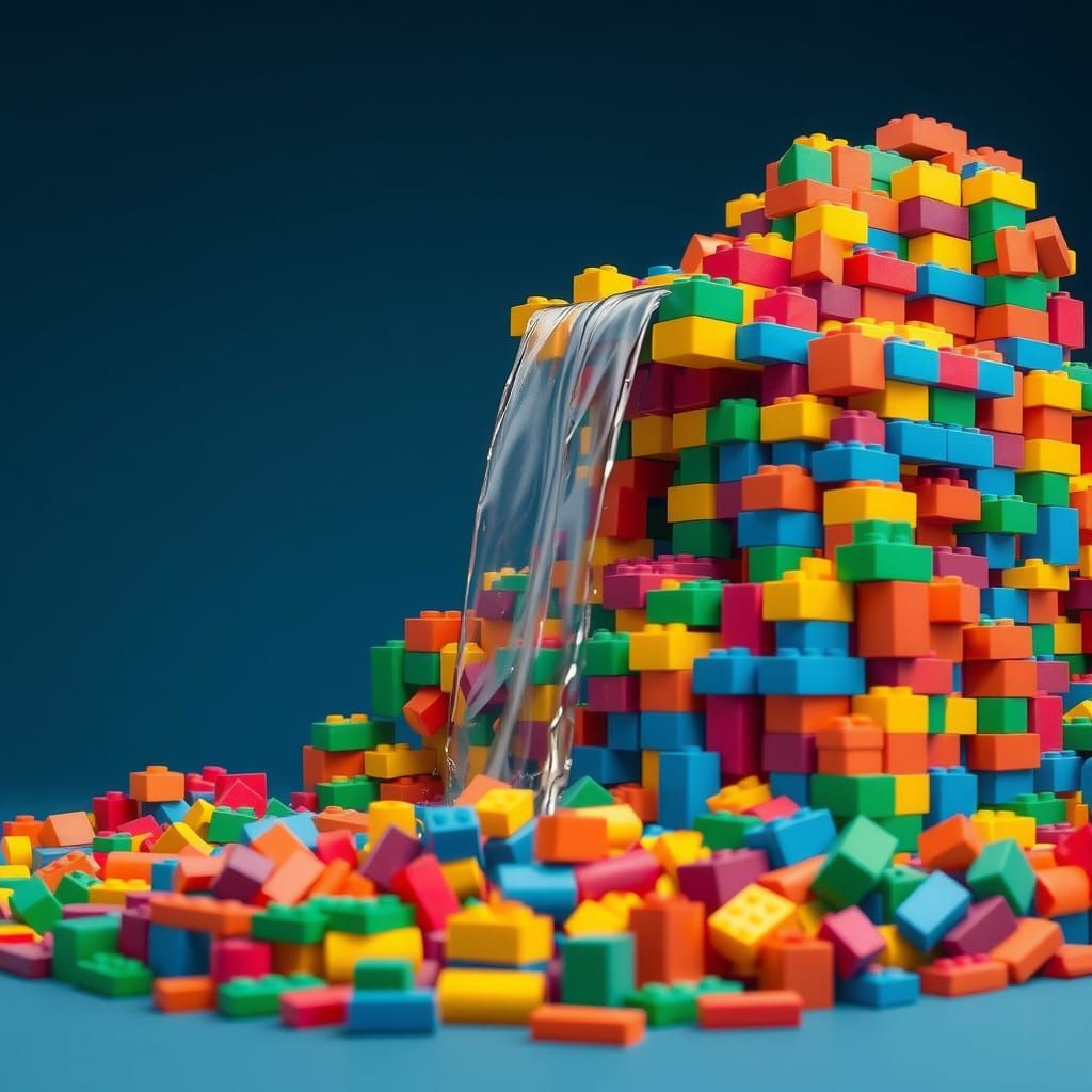 Hyperrealistic Waterfall Flowing from Building Blocks