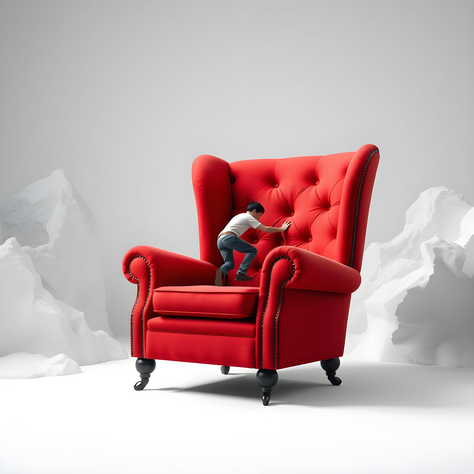Tiny Human Climbs Giant Chair: Surreal Hyperrealism
