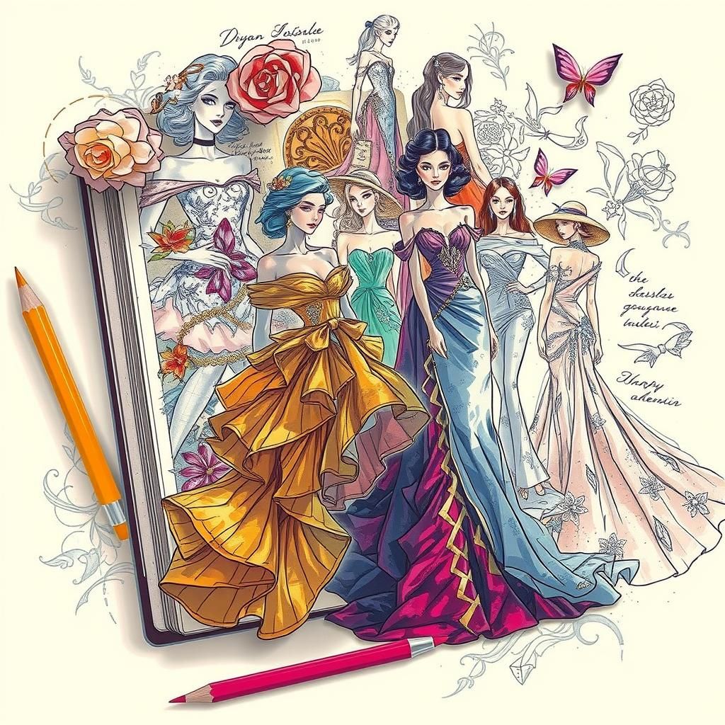 Ornate Sketchbook of Haute Couture Fashion Designs