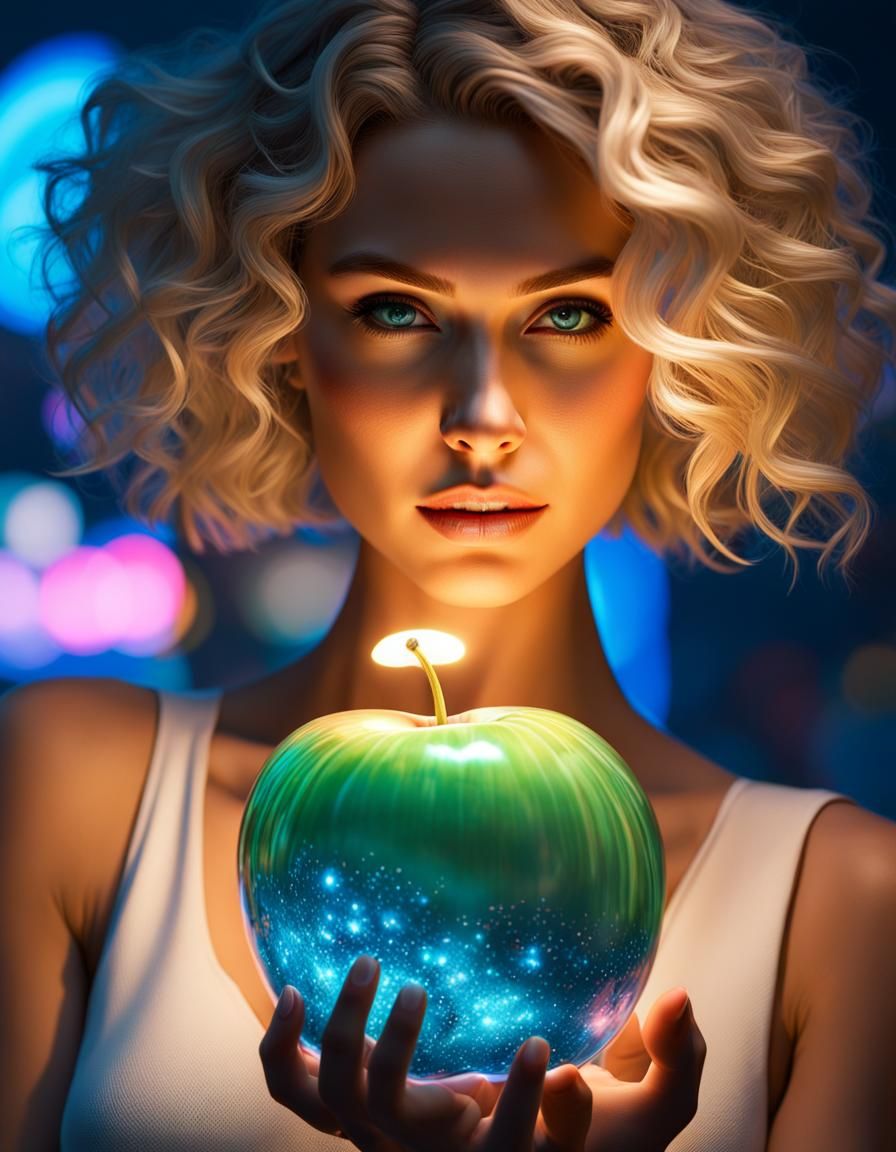 Bioluminescent Woman in Glass Apple, Digital Art