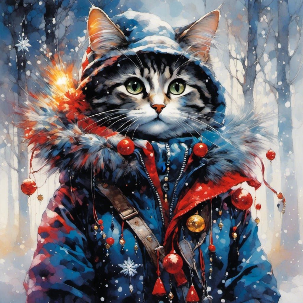 Cute Anime Christmas Tree Cat in Forest