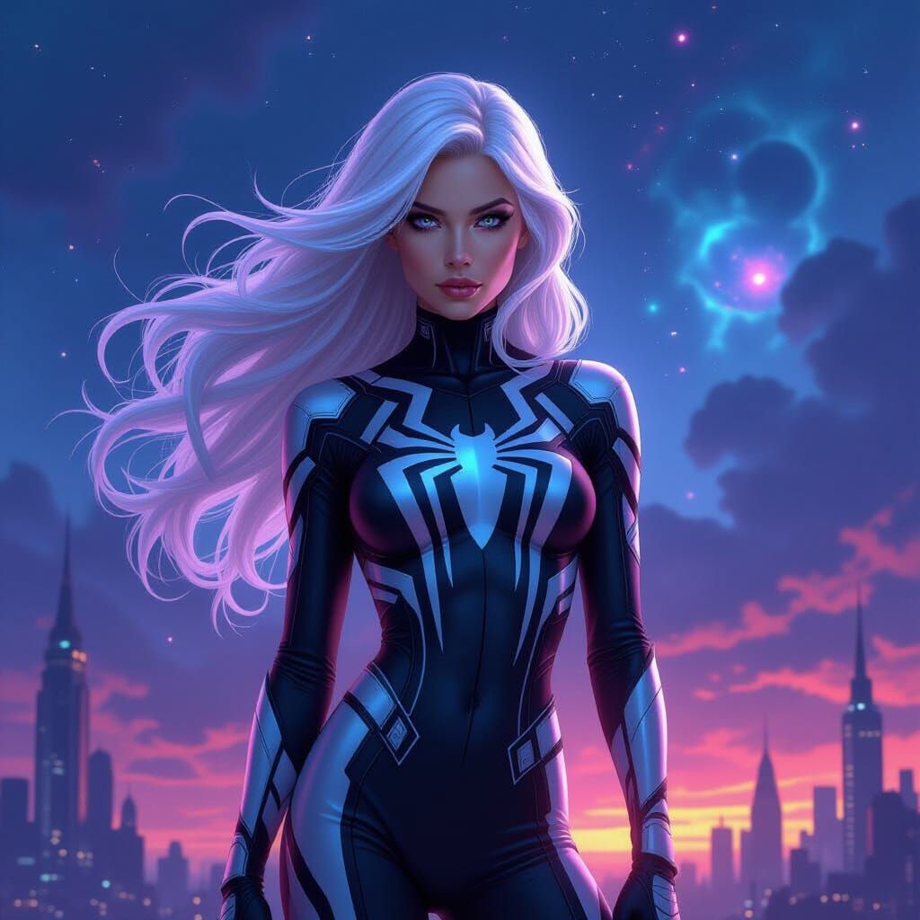 Ghost-Spider's Cosmic Twilight: High-Fashion Matte Painting