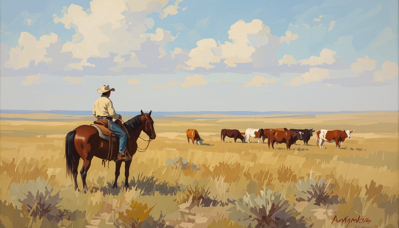 Impressionist Cowboy on Kansas Prairie