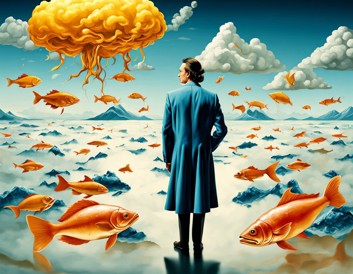 Surreal Landscape with Floating Clock and Melting Objects