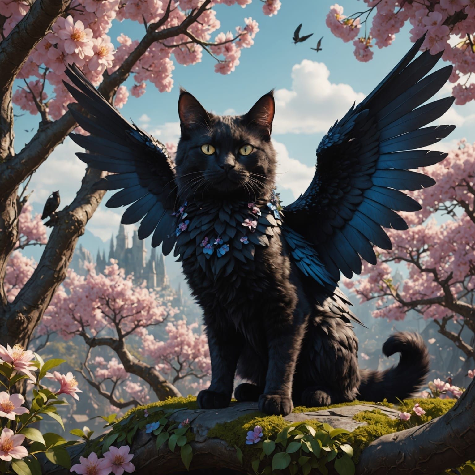 Winged Cat in Blossoming Tree: Fantasy Concept Art
