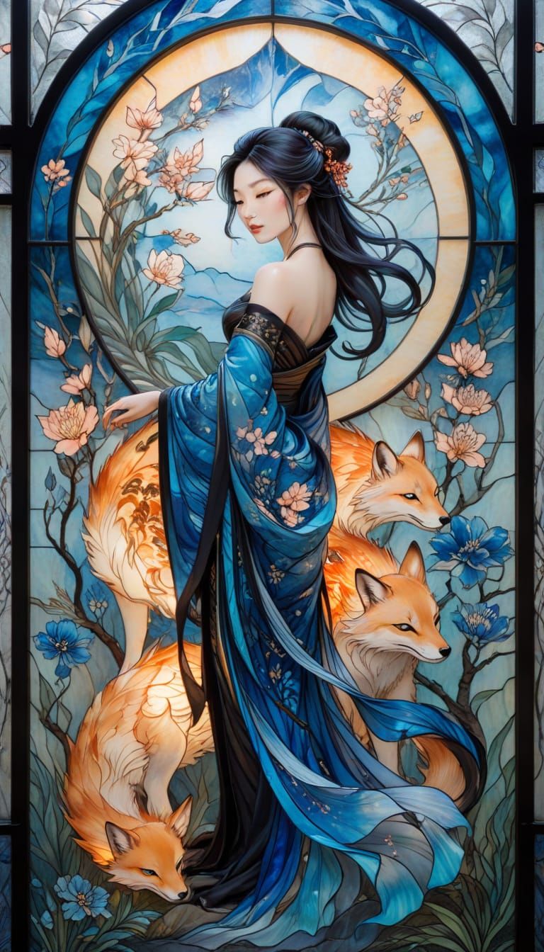 A fusion of styles foxes and woman with flowers