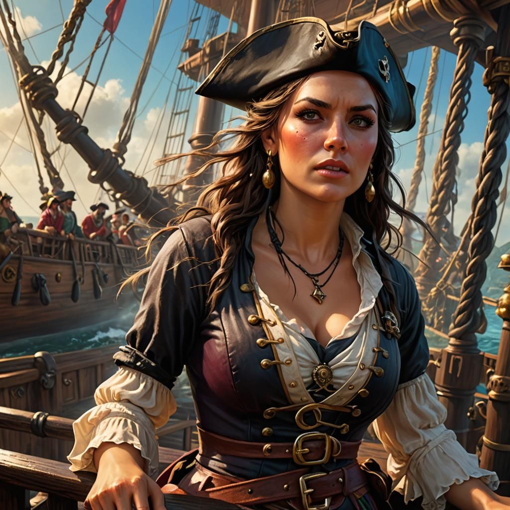 Pirate Wench Commands Sail Ship: Hyperrealistic Splash Art