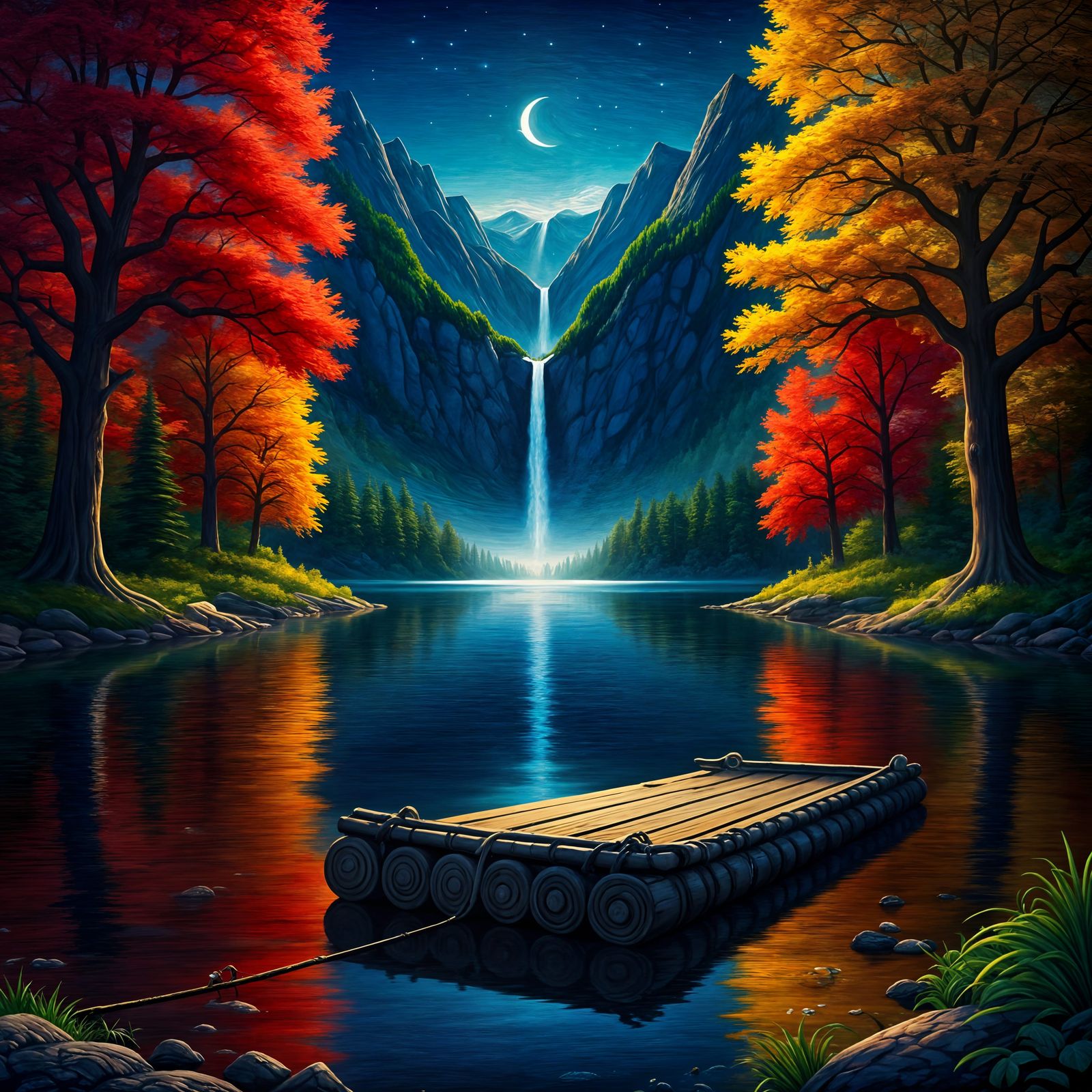 Vintage Autumn Lake With Raft Oil Painting