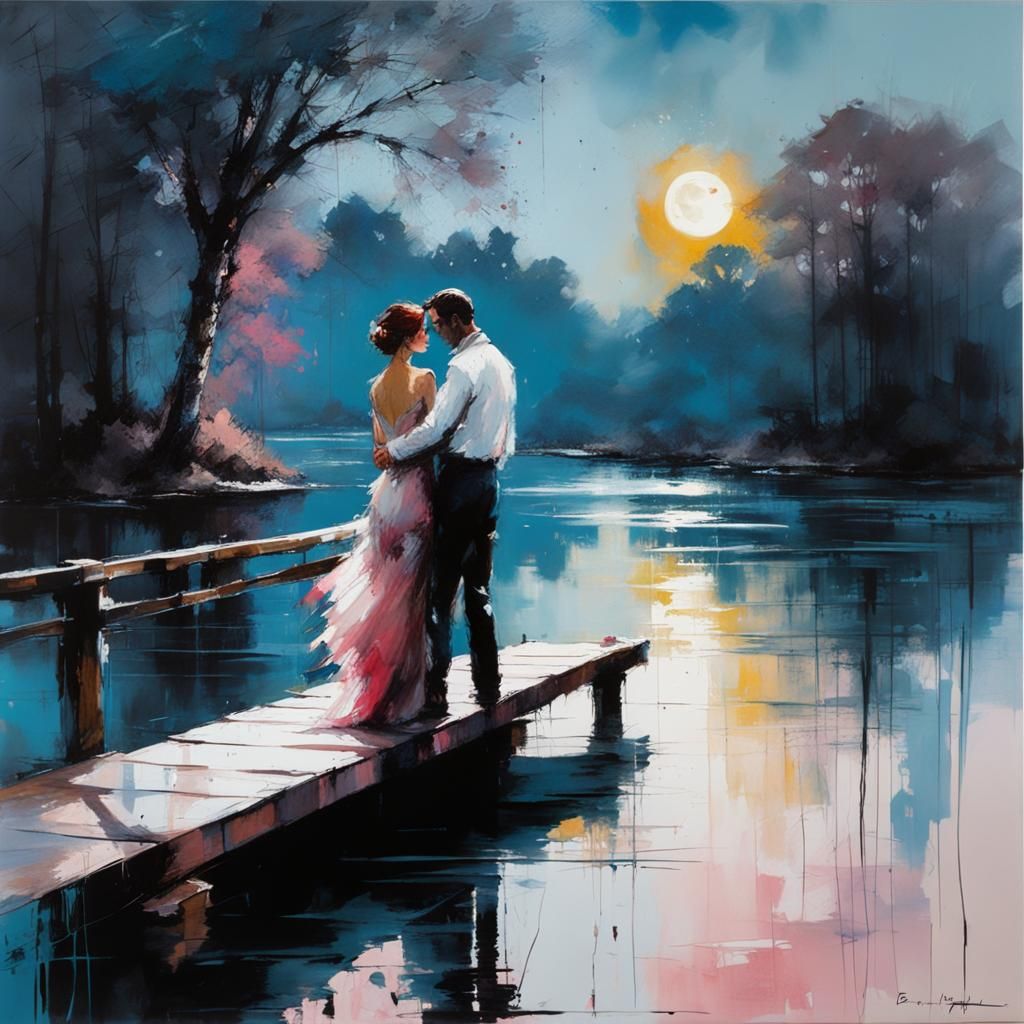 Moonlit Embrace Over Lake: Painterly Style